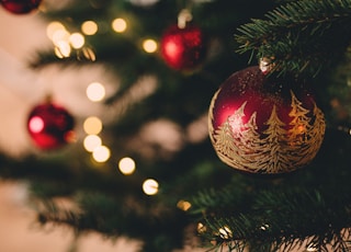 shallow focus photography of red bauble on christmas tree