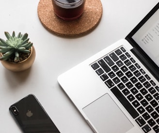 space gray iPhone X beside turned on laptop beside coffee and succulent plant