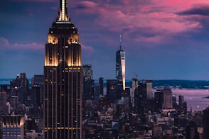 Empire State building surrounded by concrete buildings under cloudy sky