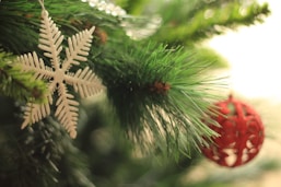 closeup photo of two snowflakes and bauble decors