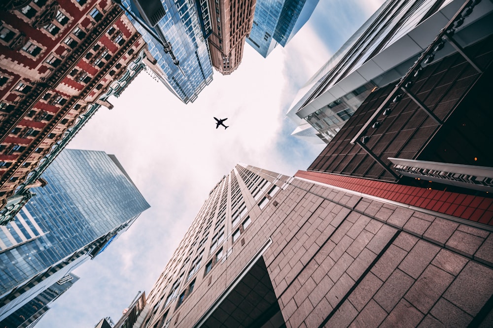 worm's-eye view of an airplane flying above city