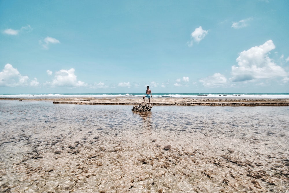 person standing on rock surrounded by body of water