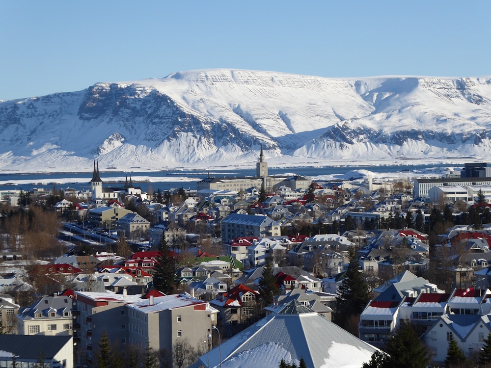 bird's eye photography of city near snow mountain