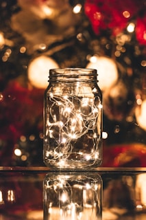 string lights in mason jar