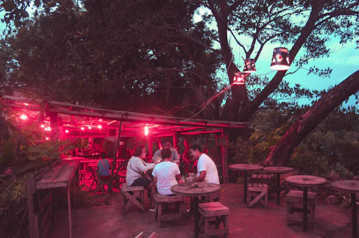 A cozy outdoor setting with people enjoying a creative workshop surrounded by trees