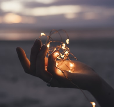 selective focus photography of person holding lighted brown string light