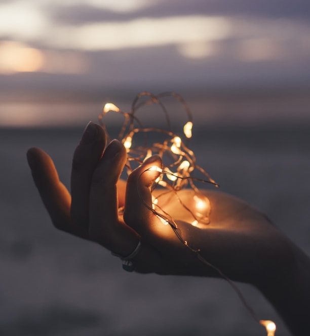 selective focus photography of person holding lighted brown string light