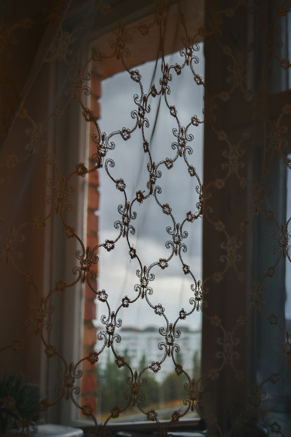 brown lace window curtain