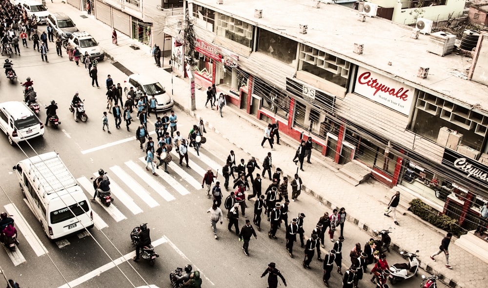 aerial view of parade in street