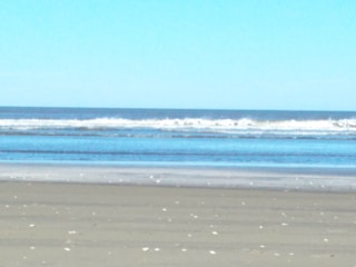 A tranquil beach scene with clear blue waters.