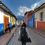 person in gray shirt with backpack walking on street between houses