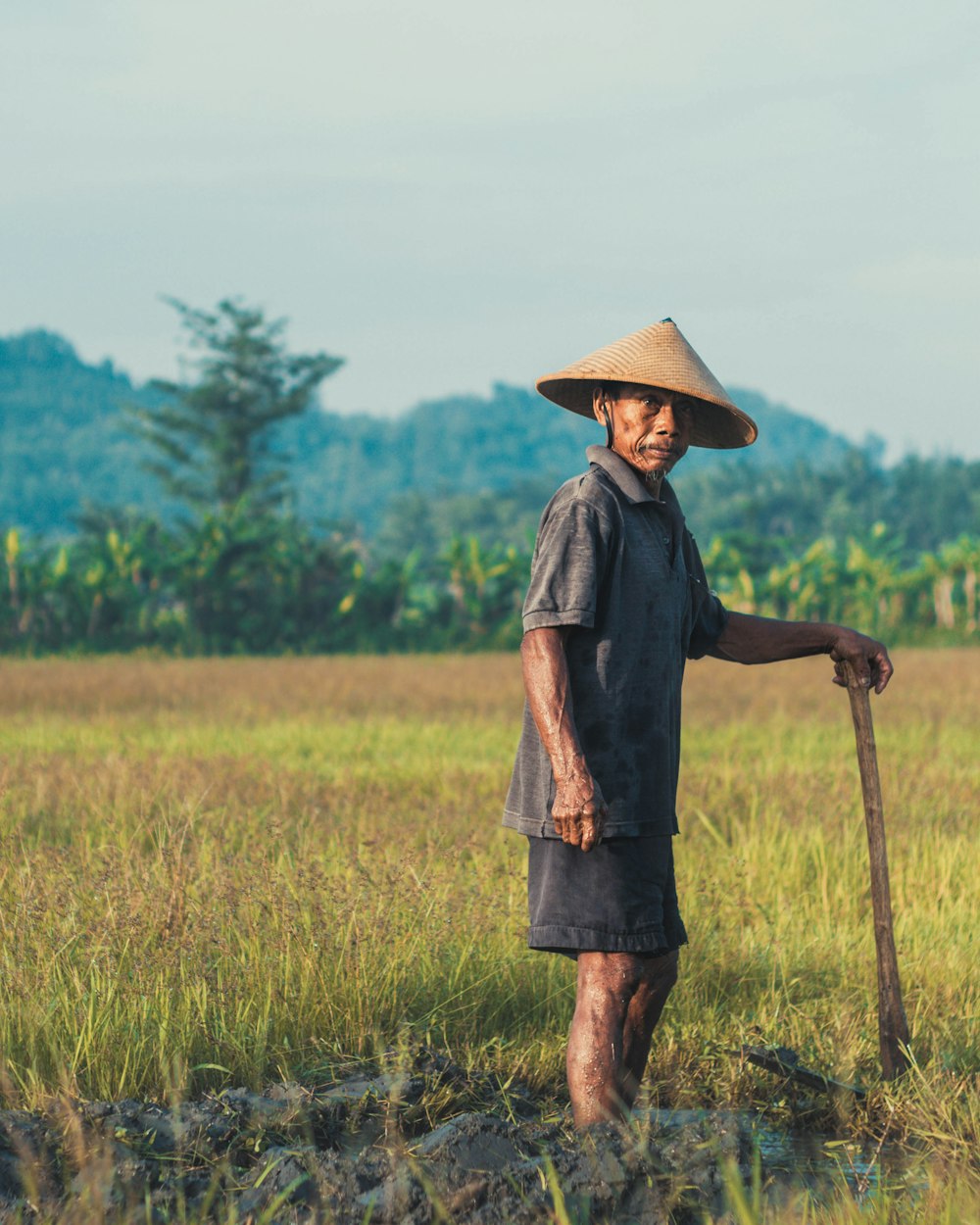 shallow focus photography of man holding pickaxe in grass field