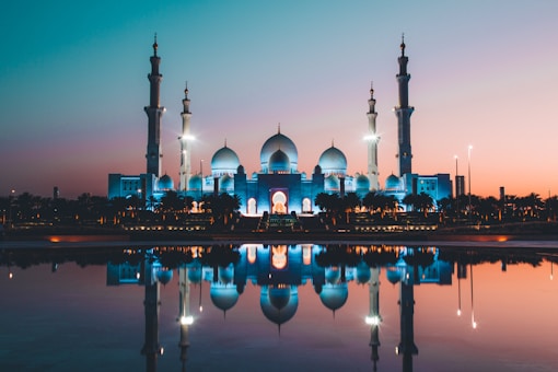 Flame Towers illuminated at night in Baku, Azerbaijan