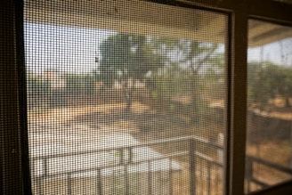 A view through a window screen showing an outdoor scene with blurred trees and landscape. The mesh of the screen creates a grid-like pattern, with the light filtering through it.
