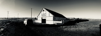 A black and white image features a barn structure with a sign on it reading 'Pvt. ID. Barnes, Horse Det., CO. F., Absentee Depot'. The barn is positioned at an angle, casting a shadow to the right. A vehicle is parked in front of the barn, and there are utility poles and fencing extending into the background. The landscape is flat with distant structures on the horizon.