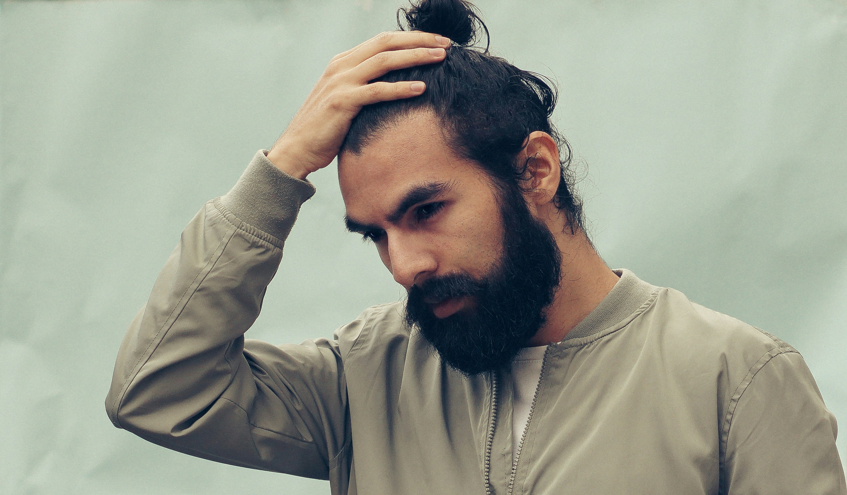 great photo recipe,how to photograph me.; man holding his black hair