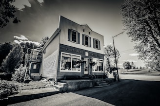 A vintage-style building serves as a small general store, labeled 'Lost Acre Variety'. The structure is two stories high with tall rectangular windows. Surrounded by trees and set against a partly cloudy sky, the scene evokes a sense of nostalgia. The frontage is adorned with plants and has a simple concrete step leading to the entrance.