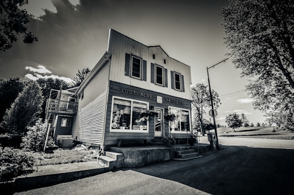 A vintage-style building serves as a small general store, labeled 'Lost Acre Variety'. The structure is two stories high with tall rectangular windows. Surrounded by trees and set against a partly cloudy sky, the scene evokes a sense of nostalgia. The frontage is adorned with plants and has a simple concrete step leading to the entrance.