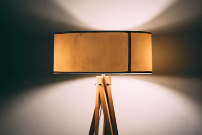 A stylish modern lamp with a handcrafted wooden base casting warm light.