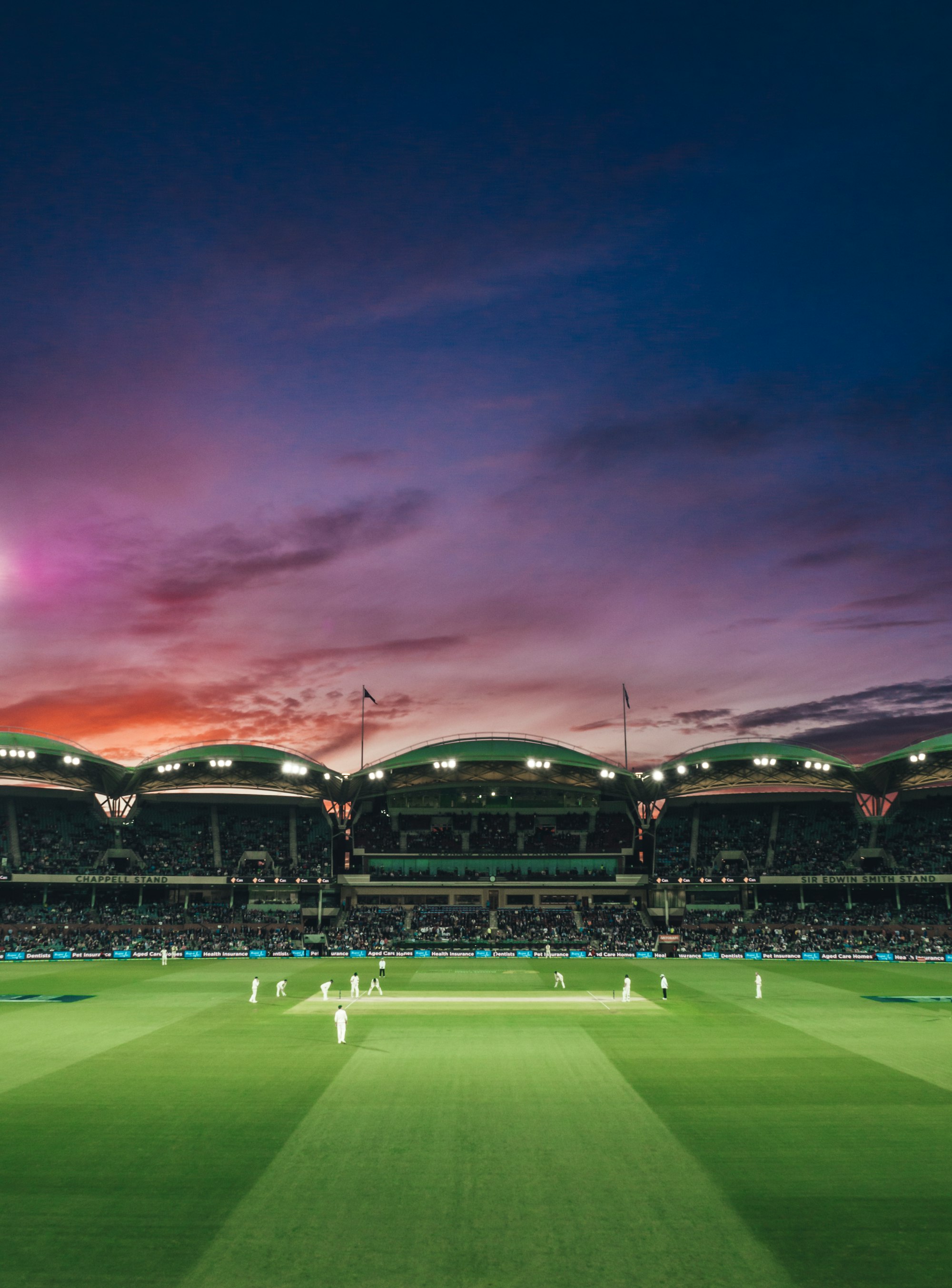 As the sun sets, so does the test match between England and Australia. Adelaide Oval, South Australia.