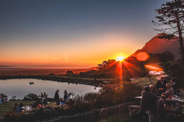 Guests enjoying an outdoor picnic surrounded by wildflowers and distant mountains at sunset.