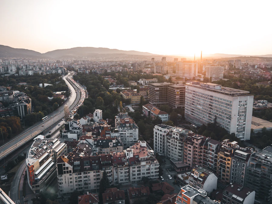 Sofia at sunset, with the mountains beyond the city