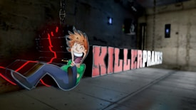 A cartoon character with exaggerated features, including wild hair and an open-mouthed smile, is depicted sliding down a structure with the words 'KILLER PRANKS' in bold, distressed typography. The background features a dimly lit, industrial-style room.