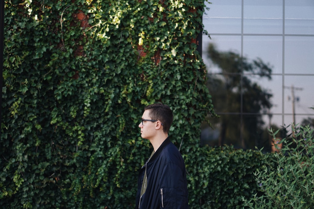 man standing near green leafed vines on window