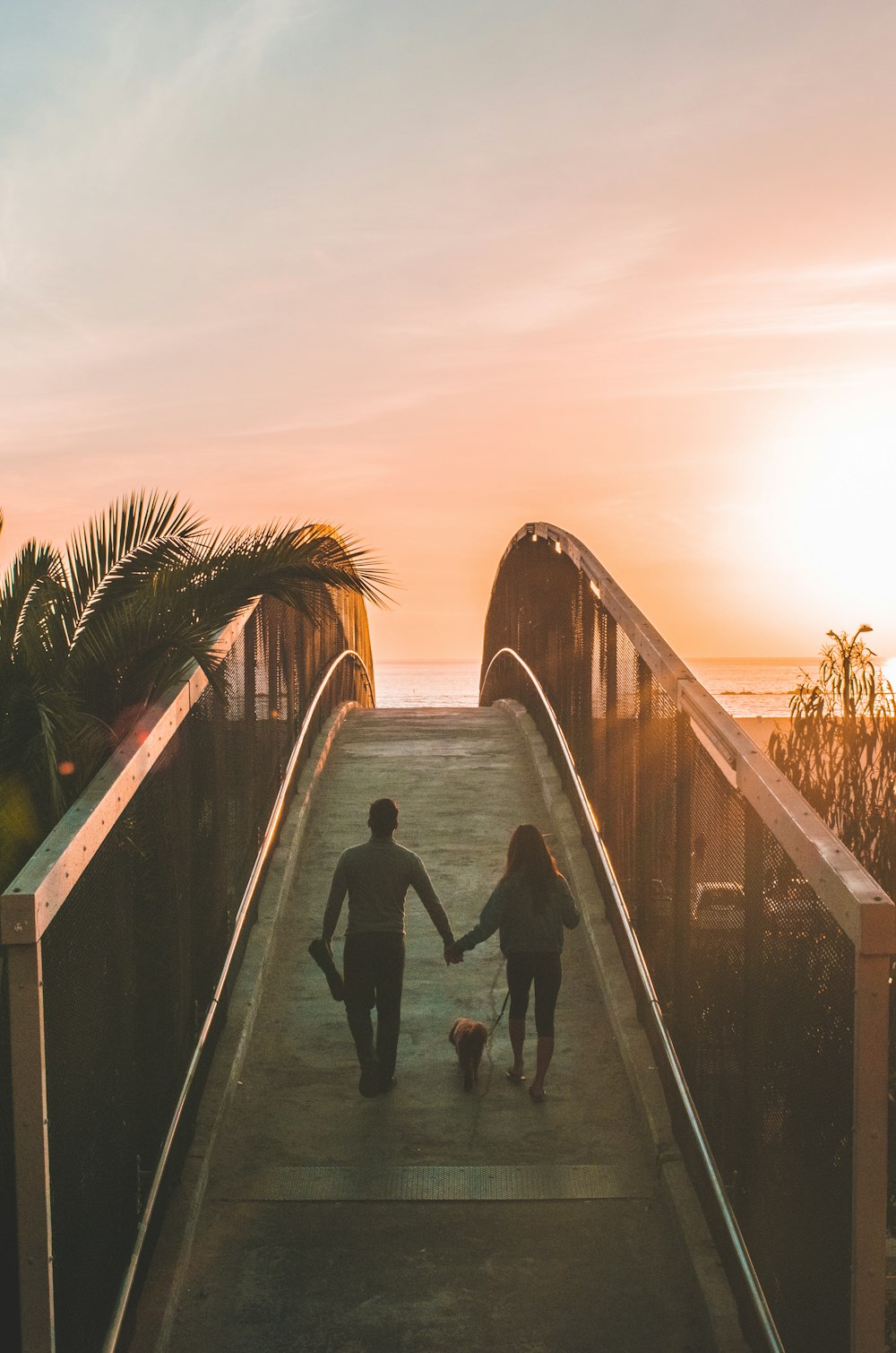 man and woman holding hand while walking on bridge