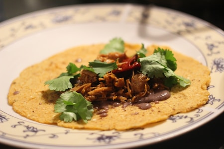 A corn tortilla topped with shredded meat, fresh cilantro leaves, and a red chili pepper. The tortilla is placed on a decorative plate with blue floral designs around the edge.