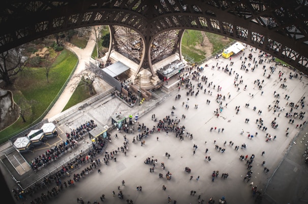An aerial view of a bustling event space filled with guests.