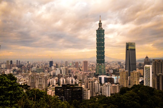 green tower building surrounded by concrete buildings in Xiangshan Hiking Trail Taiwan