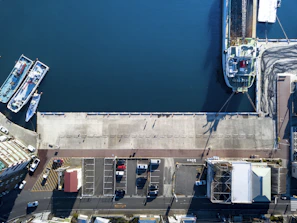 A panoramic view of several large vessels anchored side by side in a busy shipping lane