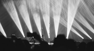 In a dimly lit concert venue, bright spotlights radiate outwards, illuminating a stage with a microphone and a guitar stand. The scene is viewed from the perspective of a crowd, with the silhouette of audience members in the foreground.