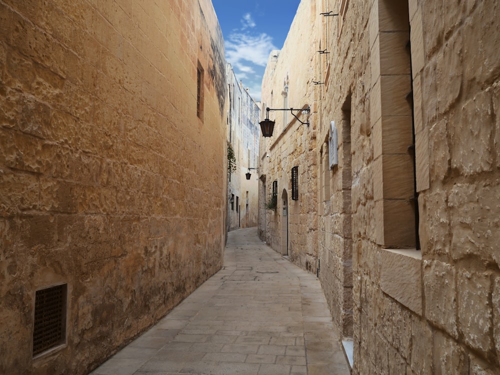 narrow hallway in between brown brick houses