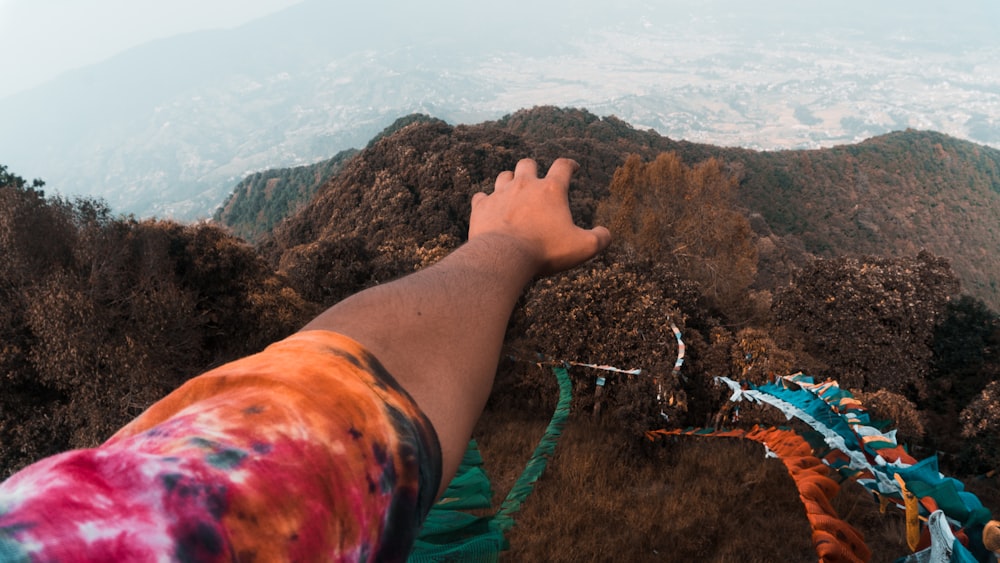 person standing in front of green mountain