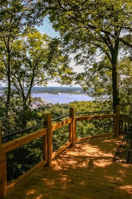A wooden deck bordered by a railing overlooks a scenic view. Lush green trees frame the scene, with a distant river and landscape visible through the foliage. Sunlight creates playful patterns of light and shadow on the deck surface.