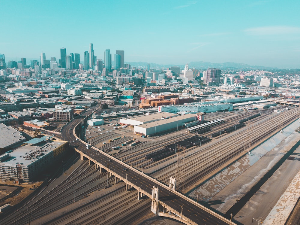 aerial photography of city buildings and road