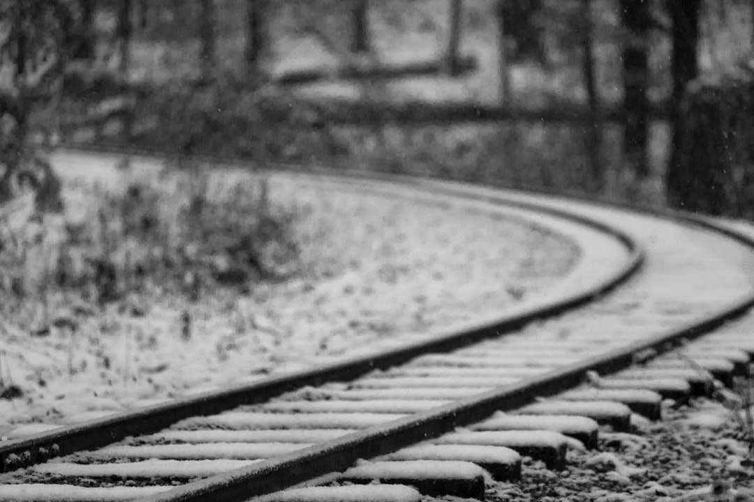 selective focus photography of black metal railroad covered with snow