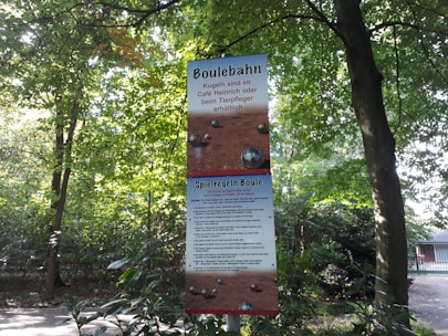 A sign for a boule court is displayed in an outdoor setting surrounded by trees and greenery. The sign contains information and rules in German, with sections labeled 'Boulebahn' and 'Spielregeln Boule'. The sky visible through the leaves appears bright, indicating daylight.