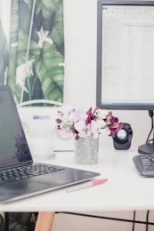 pink and red petaled flower on vase beside computers