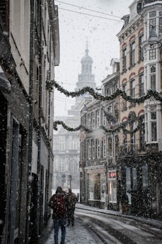 people walking near street between brown building during snow season