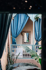 blue and gray window curtains