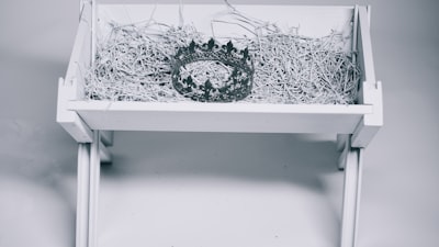 grayscale photo of crown in bassinet manger zoom background