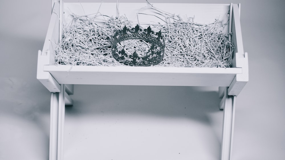 grayscale photo of crown in bassinet