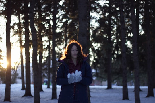 woman holding snow near trees during sunset in Saskatoon Canada