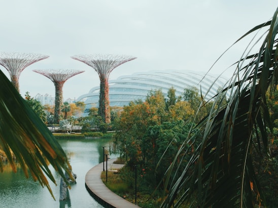 Futuristic tree-like structures rise above lush greenery near a tranquil body of water, with a futuristic dome structure in the background. Palm leaves frame the scene, adding to the tropical aesthetic.