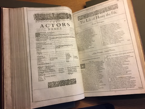 An open book lays on a wooden surface, presenting two pages filled with old-style, printed text. The left page is titled 'The Actors Names' and lists various characters, while the right page, titled 'The Life of Henry the Fitf,' includes an introduction and is decorated with intricate borders.