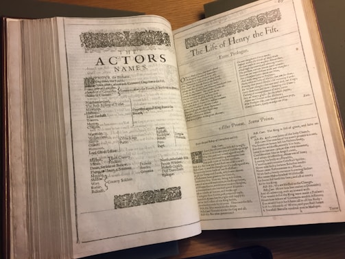 An open book lays on a wooden surface, presenting two pages filled with old-style, printed text. The left page is titled 'The Actors Names' and lists various characters, while the right page, titled 'The Life of Henry the Fitf,' includes an introduction and is decorated with intricate borders.