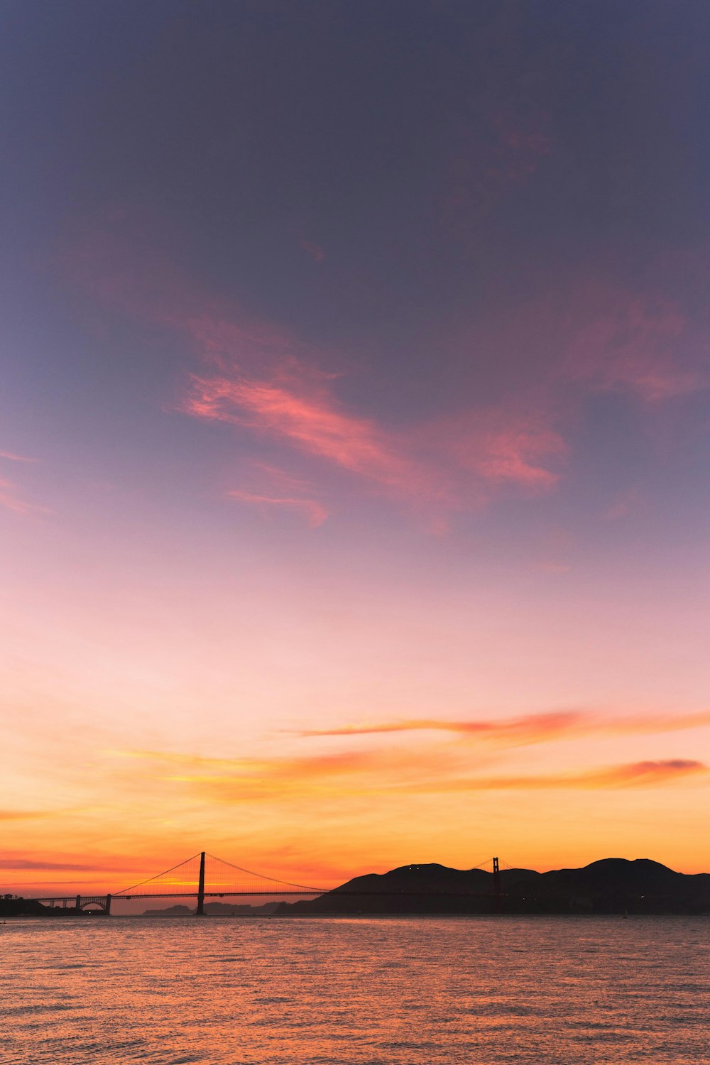 silhouette photography of mountain beside suspension bridge during golden hour